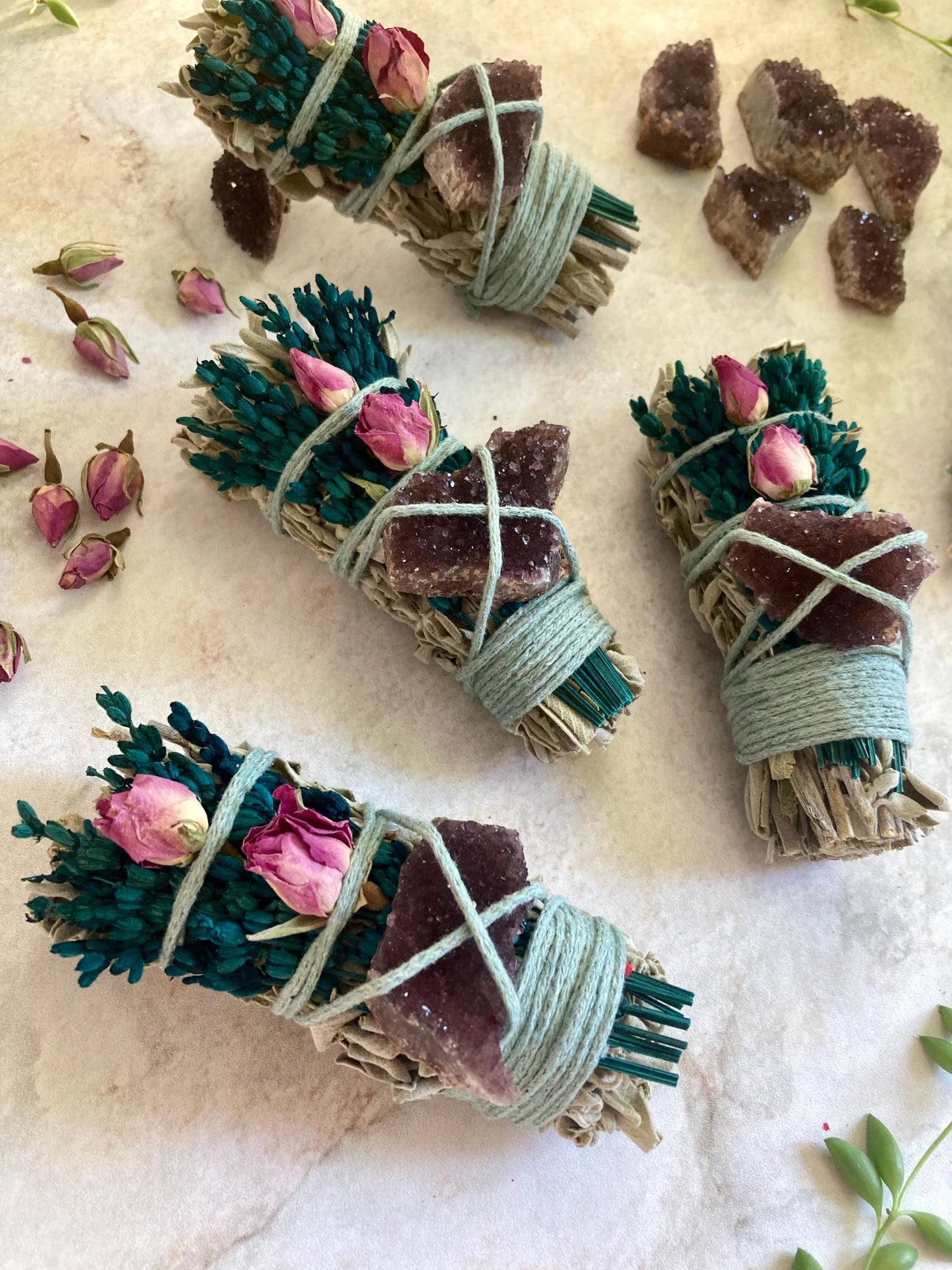 Amethyst Crystal, Rose & Green Lavender Sage - Party Favour