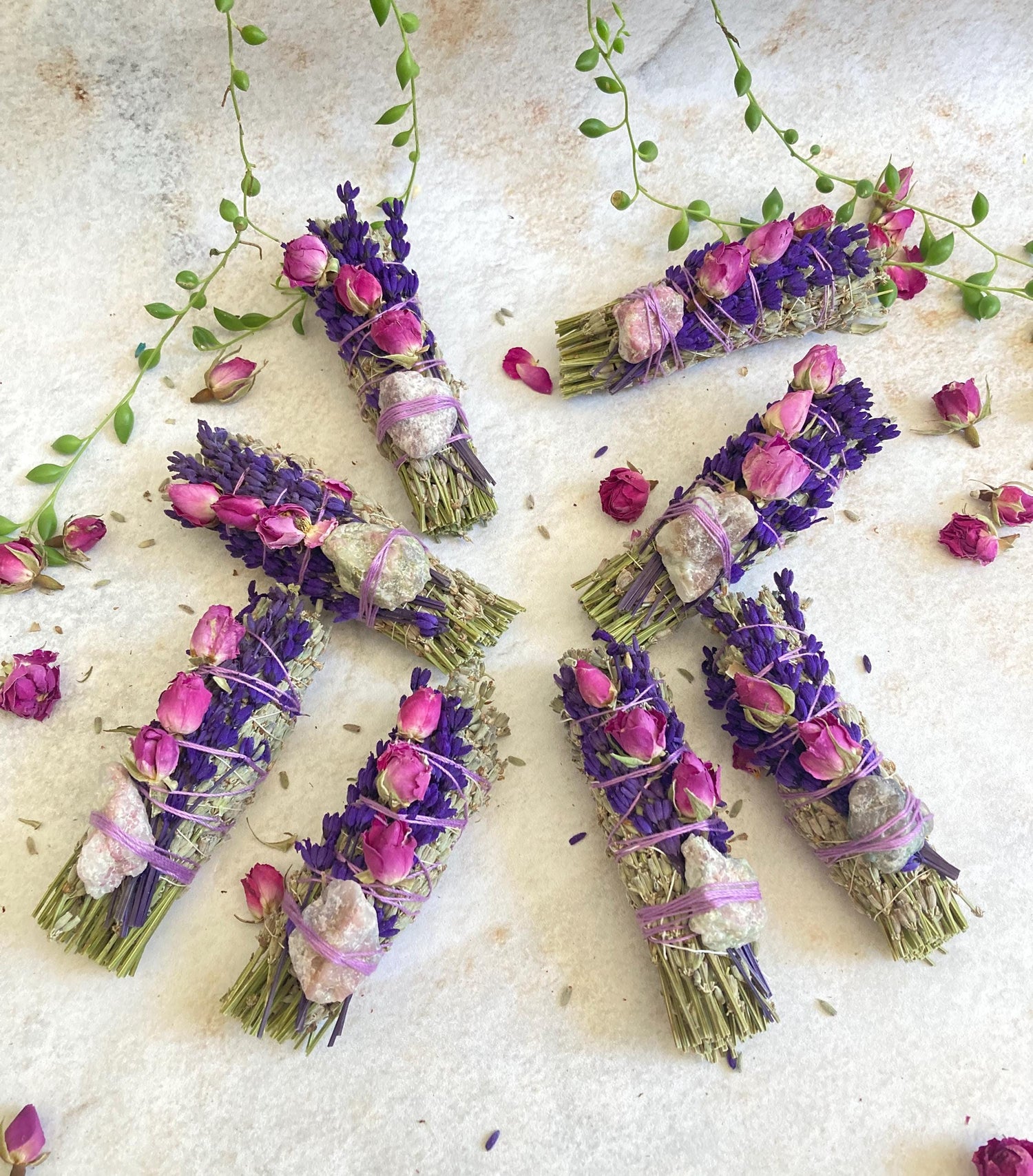 Pink Tourmaline Crystals, Bouquets of Pink Roses and Lavender – Party Favours