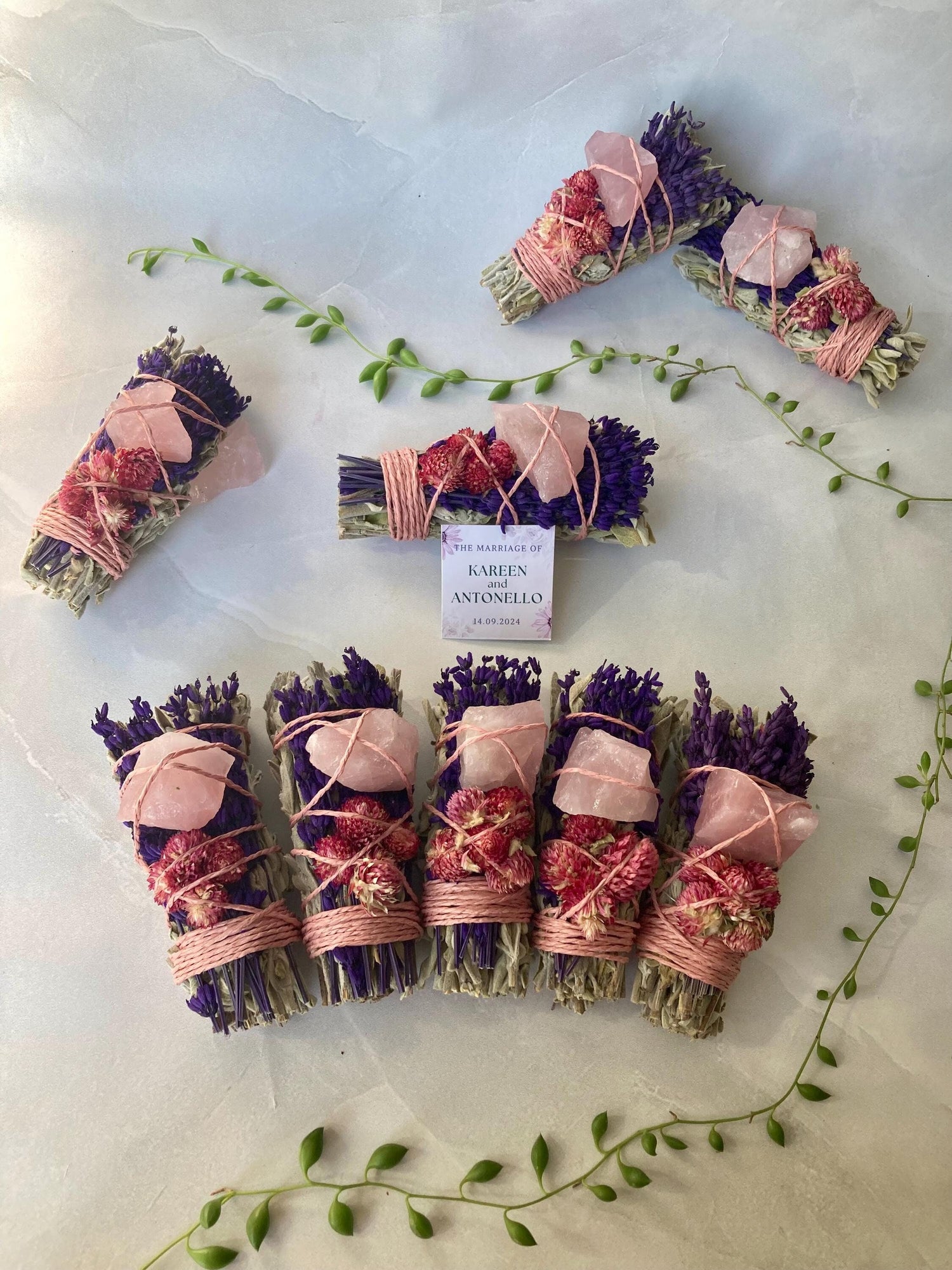 Pink Quartz Crystals and Bundles of Lavender Sage – Party Favours