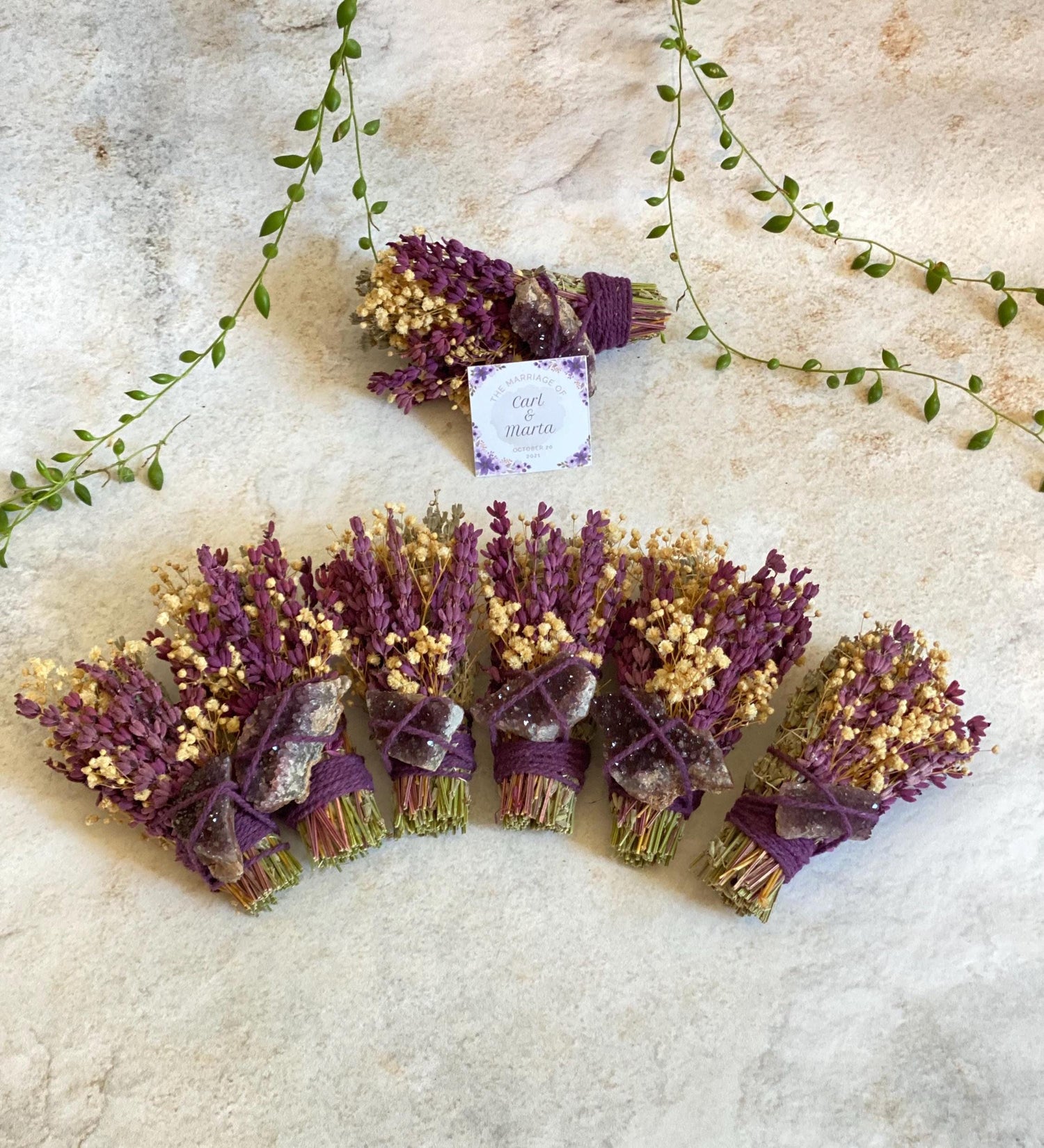 Amethyst Crystal and Purple Lavender Sage Bouquets – Party Favours