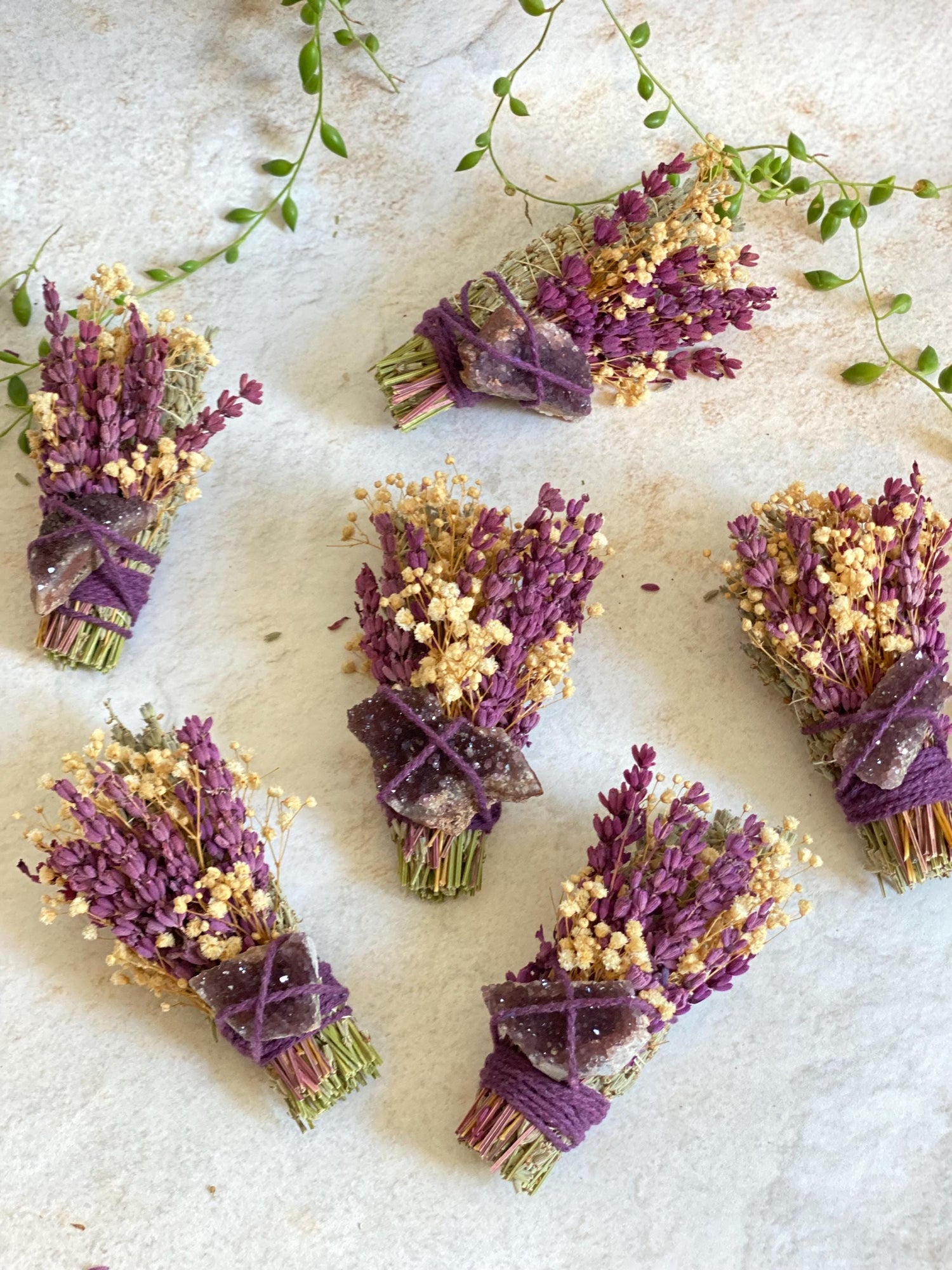 Amethyst Crystal and Purple Lavender Sage Bouquets – Party Favours