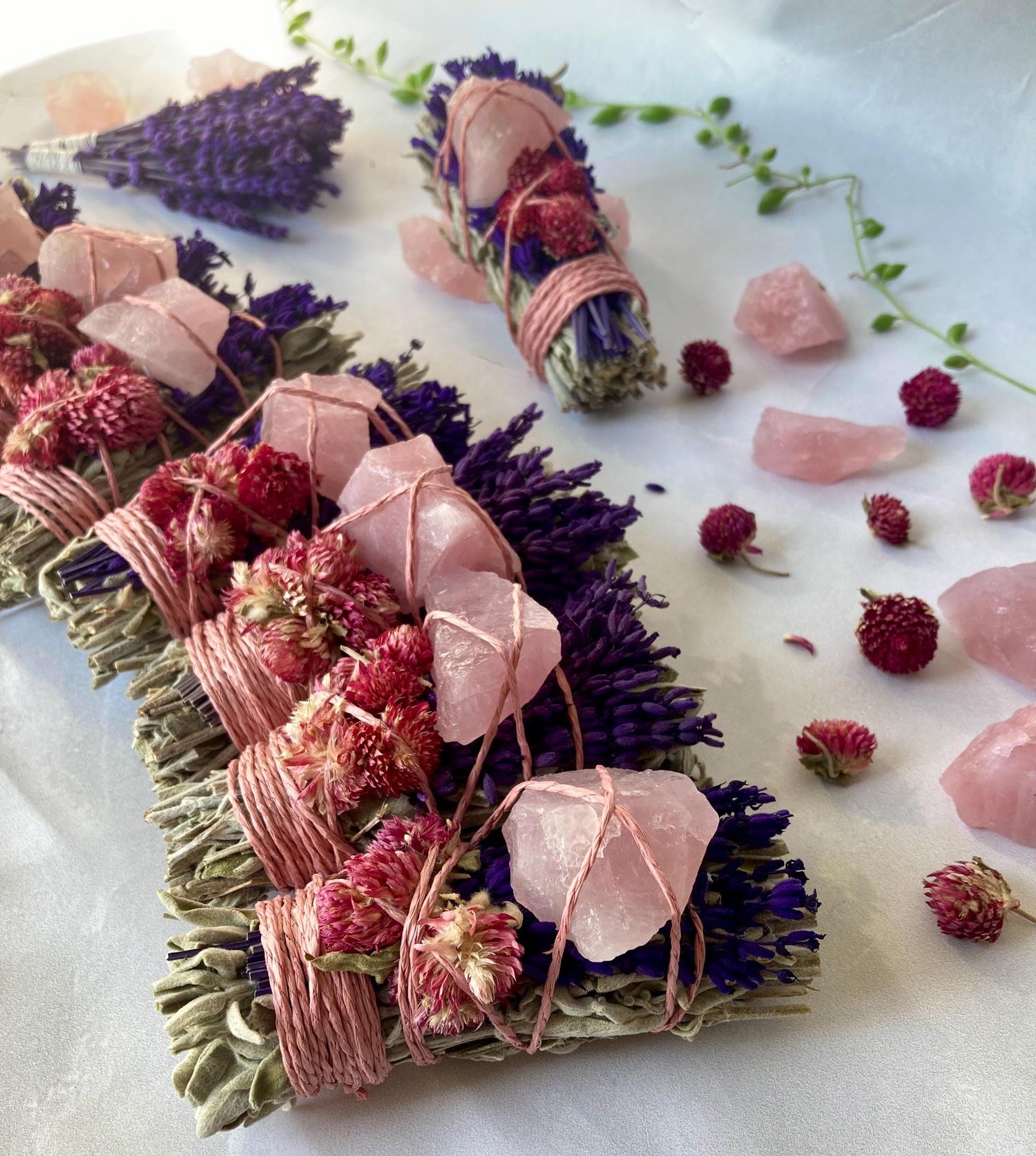 Pink Quartz Crystals and Bundles of Lavender Sage – Party Favours