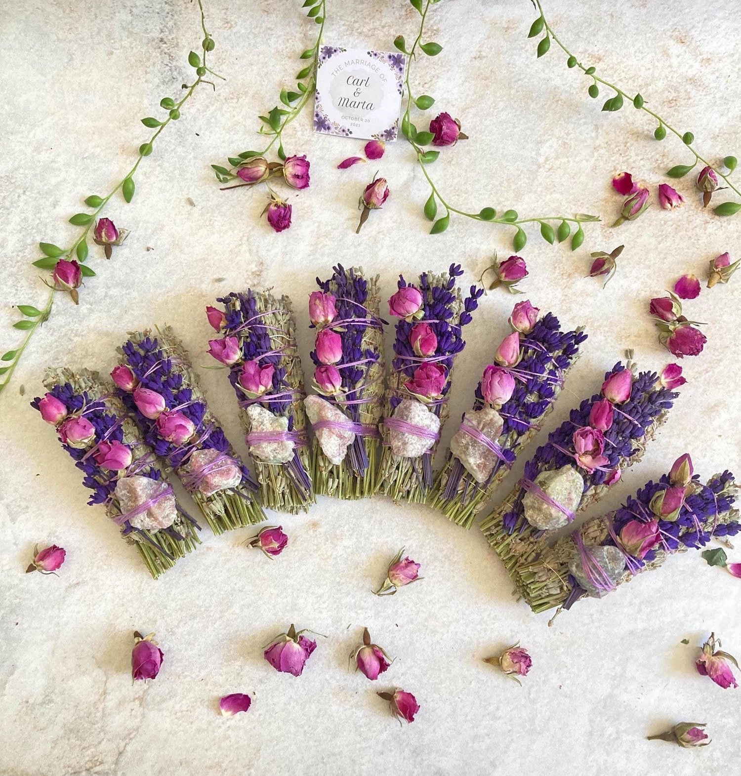 Pink Tourmaline Crystals, Bouquets of Pink Roses and Lavender – Party Favours
